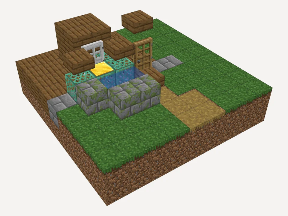 The finished airlock door: an oak front door, three water-filled copper grates with a boat inside and a pressure plate, a stone brick and spruce cottage wall