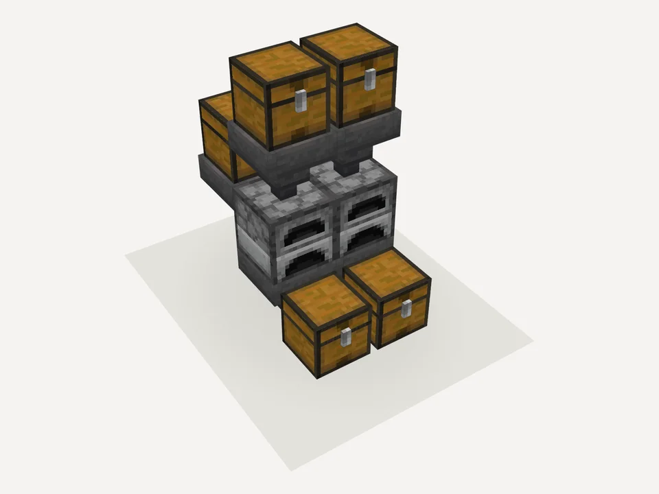 The finished auto smelter: two furnaces between stacked chests and hoppers