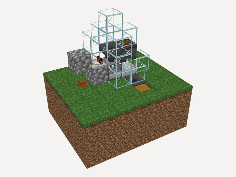 The finished chicken farm: a glass pen on a hopper and dispenser, a lava cauldron over a slab, a chest in the ground