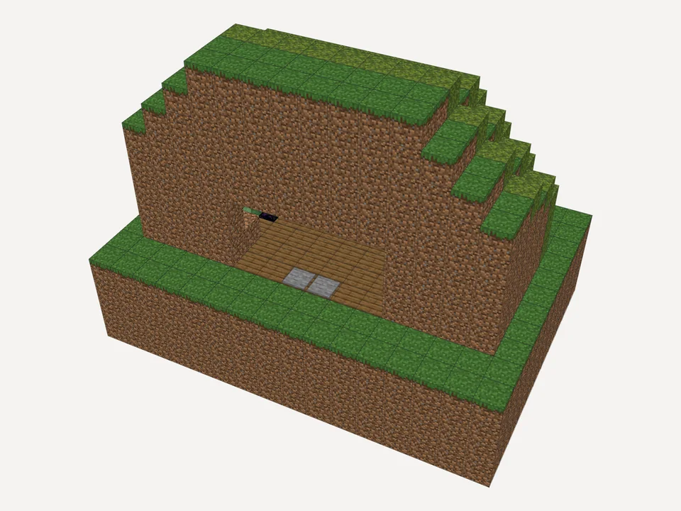 The finished circular piston door: a round green door in a stone ring, set into a grassy hill