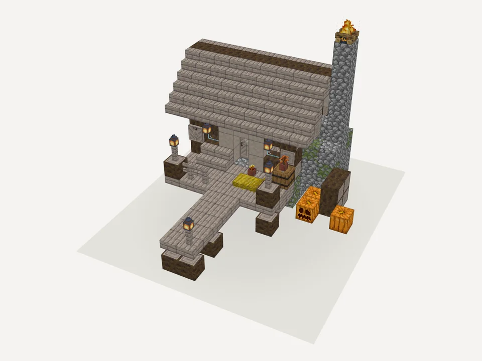 The finished poplar log cabin with a porch, lanterns, pumpkins and a cobblestone chimney