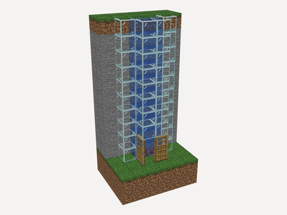 The finished water elevator: two glass shafts with bubbles against a stone cliff, a door at the bottom of each